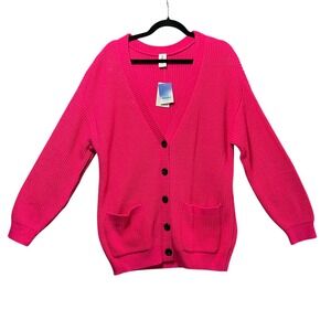 Abound Bright Pink Knit Cardigan Sweater Button Front Pockets Size M NWT‎